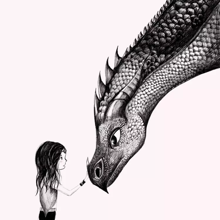 black and white illustration of a girl and a dragon.